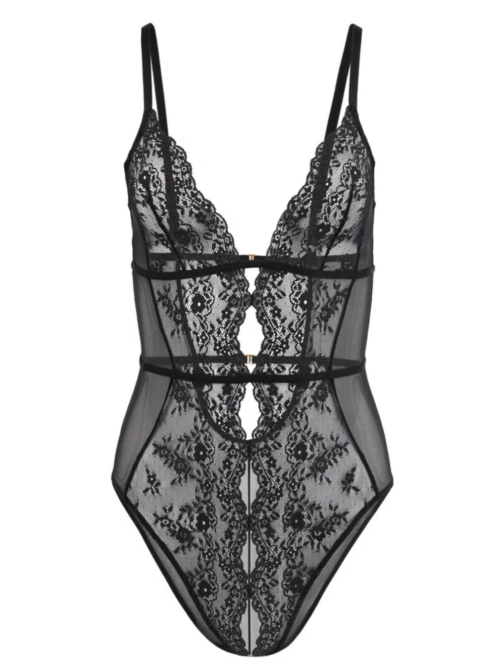 Adore Me Rosie Crotchless Black Lace Plunge Bodysuit